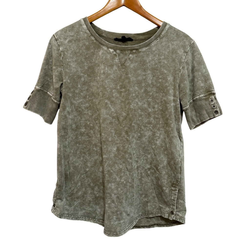 Jane + Delancey Women Top M Green Acid Wash Fleece Ribbed Button Grunge Earthy